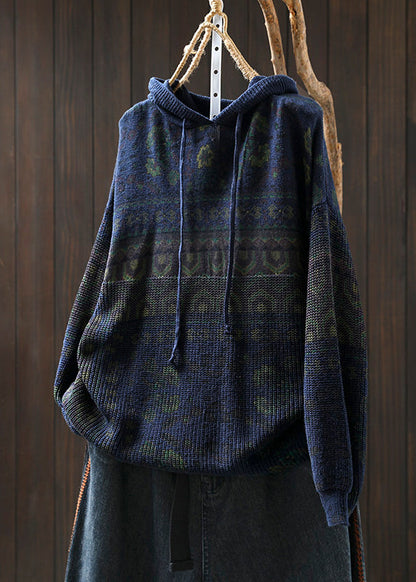 Khaki Hooded Print Cotton Knit Sweater Tops Spring