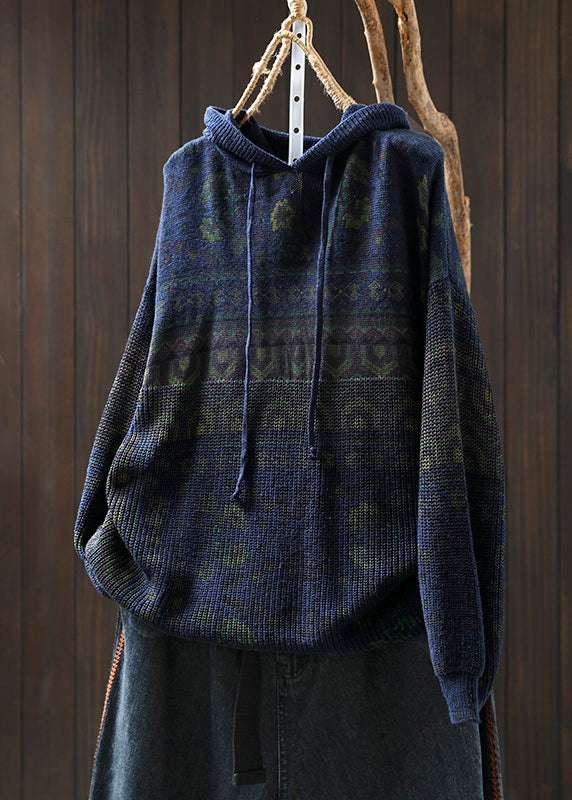 Khaki Hooded Print Cotton Knit Sweater Tops Spring