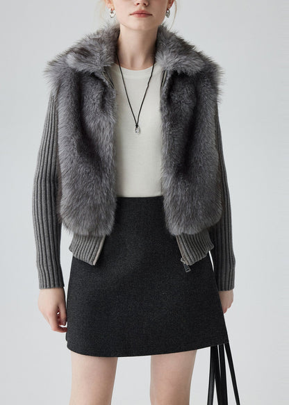 Grey Peter Pan Collar Patchwork Faux Fur Knit Cardigan Winter