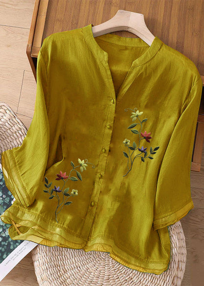 Green Embroideried Button Patchwork Linen Top Bracelet Sleeve