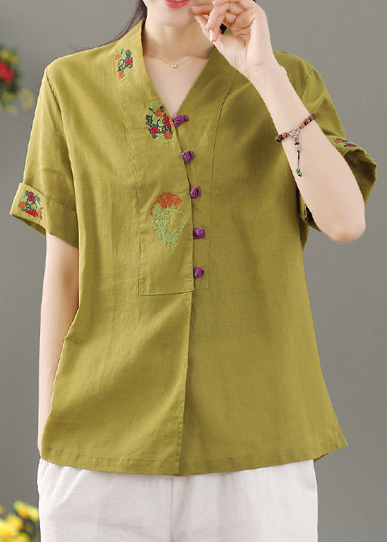Yellow V Neck Embroidered Button Shirt Short Sleeve