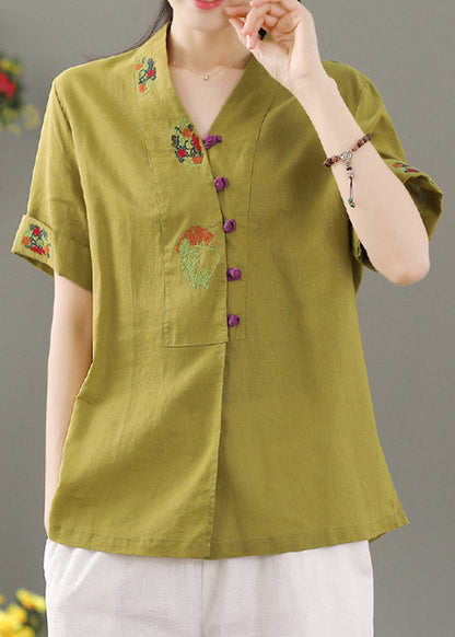 Yellow V Neck Embroidered Button Shirt Short Sleeve