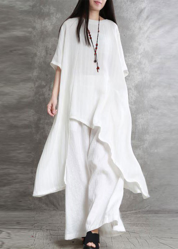 White Asymmetrical Top and Wide Leg Pants Two Pieces Set Short Sleeve