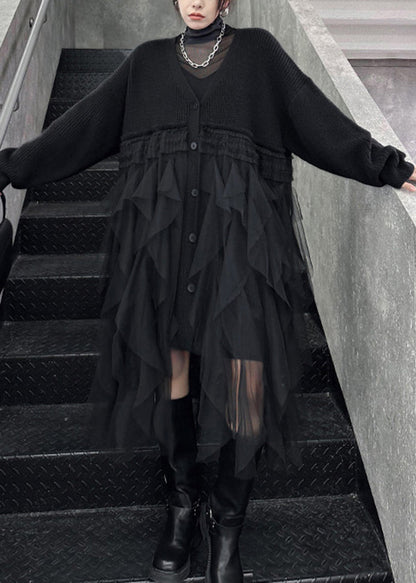 New Black V Neck Tulle Patchwork Cotton Knit Loose Cardigans Dresses Spring