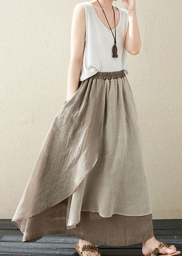 Khaki Pockets Asymmetrical Design Patchwork Linen Skirt