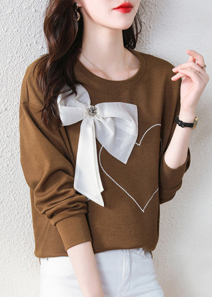 Stylish Coffee O Neck Bow Cotton Sweatshirt Spring