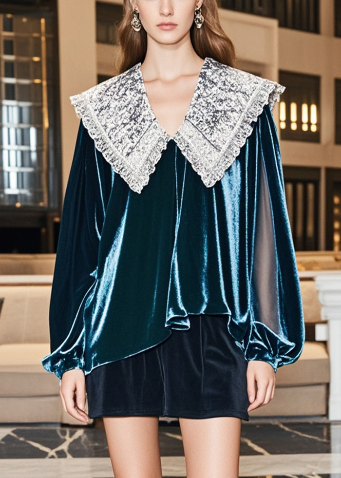 Peacock Green Peter Pan Collar Silk Velour Shirts Fall
