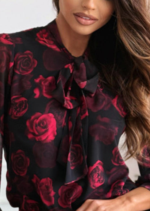 Black Rose Bow Lace Up Chiffon Shirts Top Spring