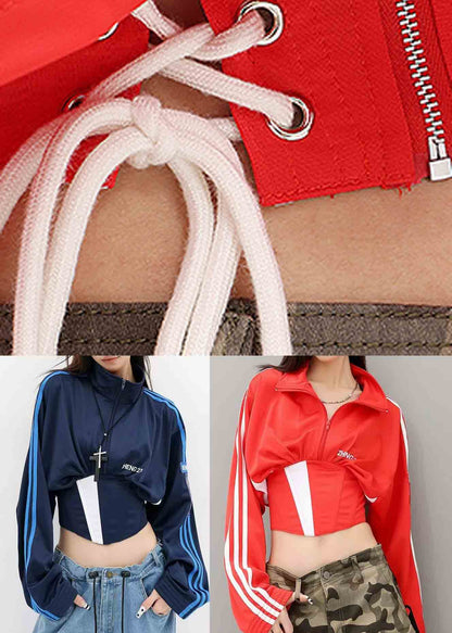 Red Patchwork Spandex Coats Back Cross Strap Fall