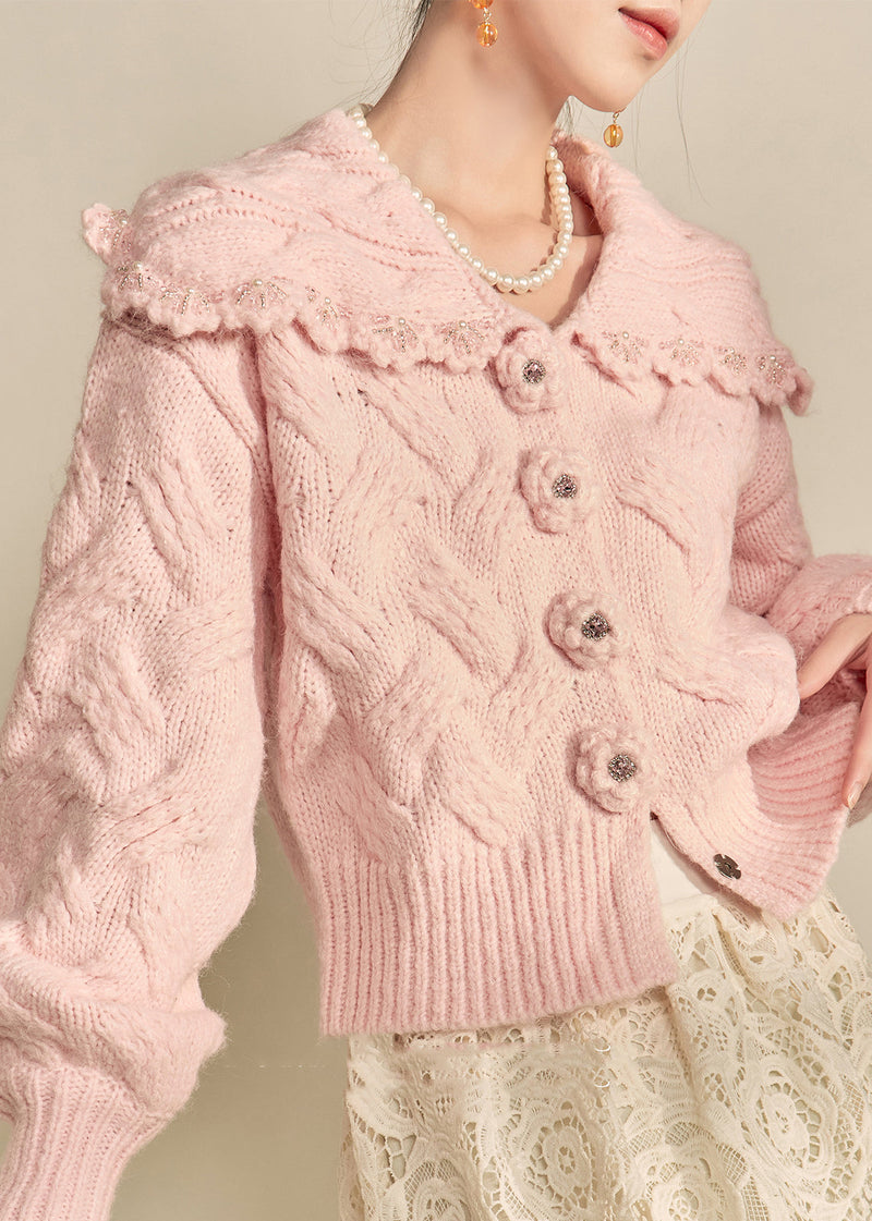 Pink Peter Pan Collar Nail Bead Knit Coat Winter