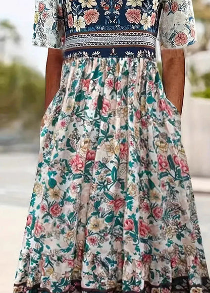 O Neck Print Pockets Cotton Dress Summer