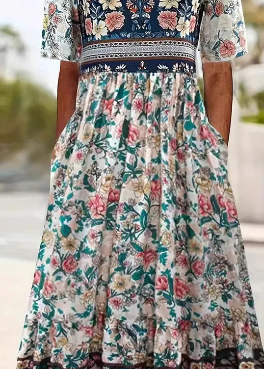 O Neck Print Pockets Cotton Dress Summer