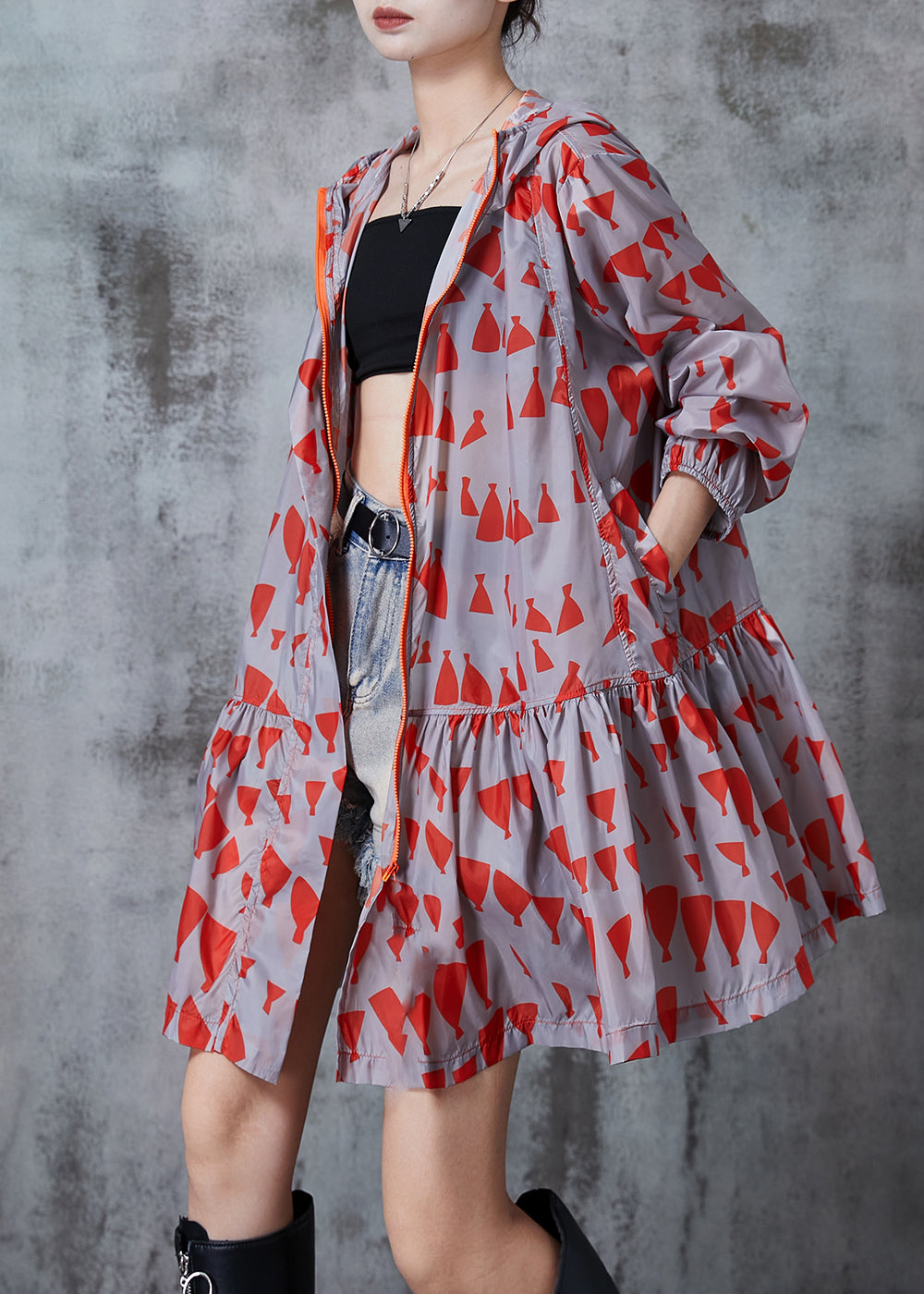 Red Hooded Print Spandex Coats Fall