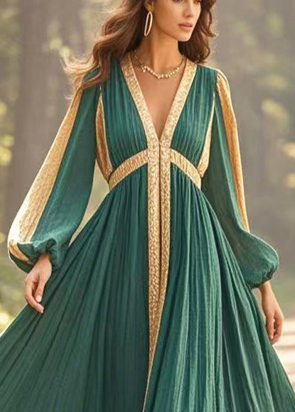 Blackish Green V Neck Patchwork Exra Large Hem Cotton Vestidos Dress Spring