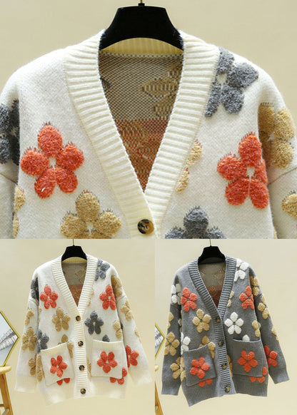 Italian Beige V Neck Embroideried Cozy Knit Cardigans Fall