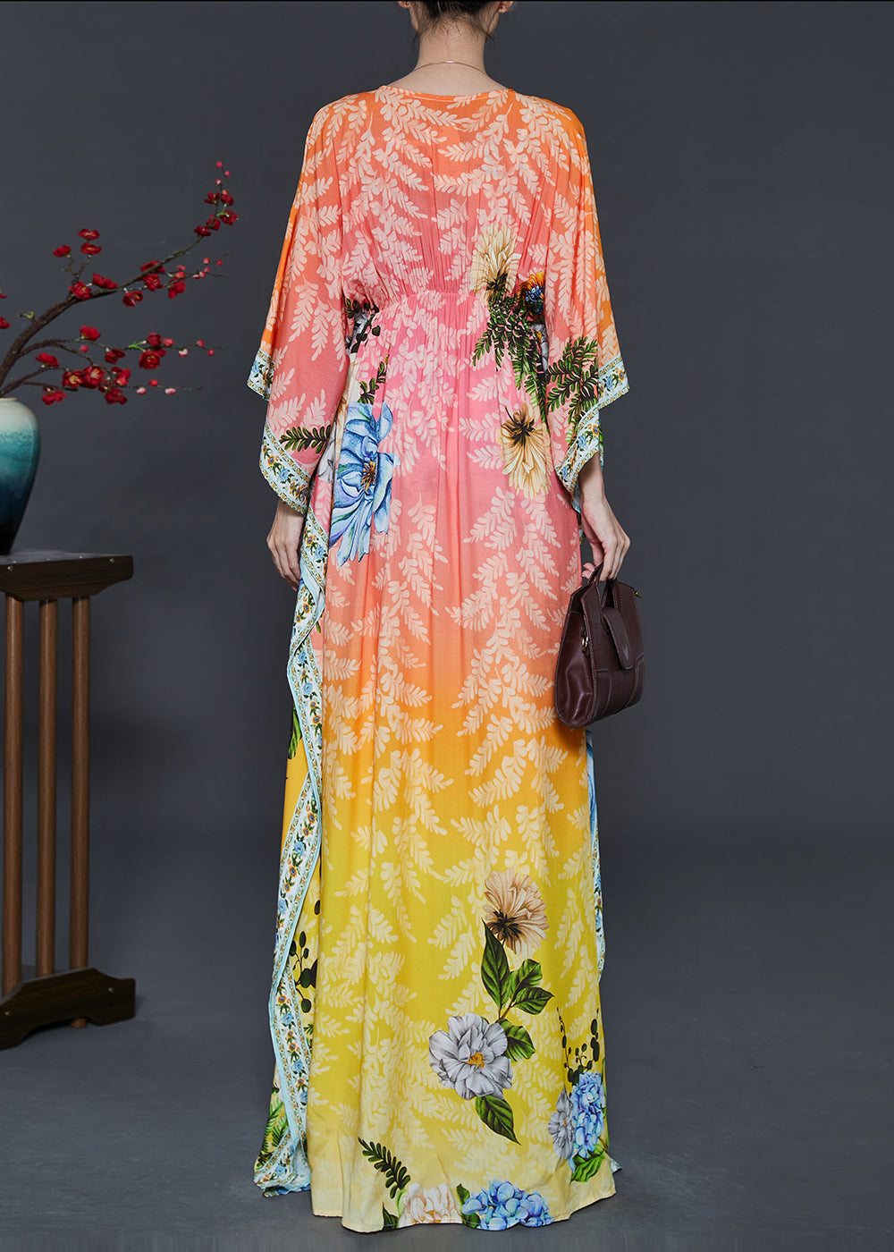 Yellow Tie Waist Print Chiffon Beach Dresses Fall