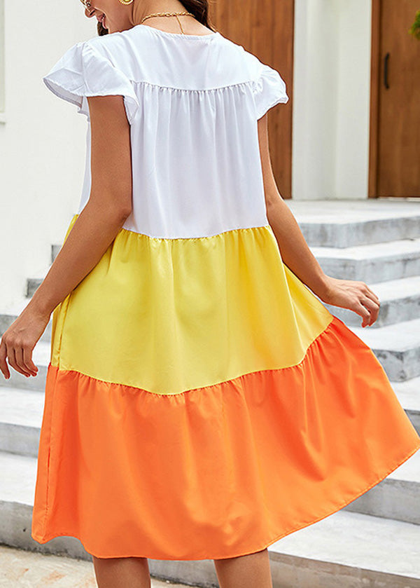 Yellow O Neck Patchwork Cotton Dress Summer