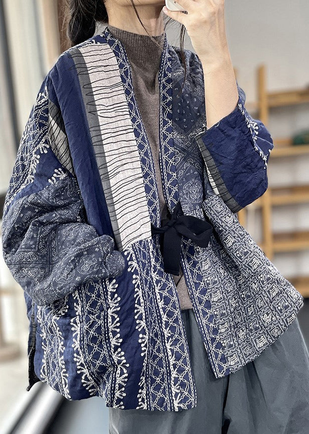 Navy Oversized Print Fine Cotton Filled Jackets Spring