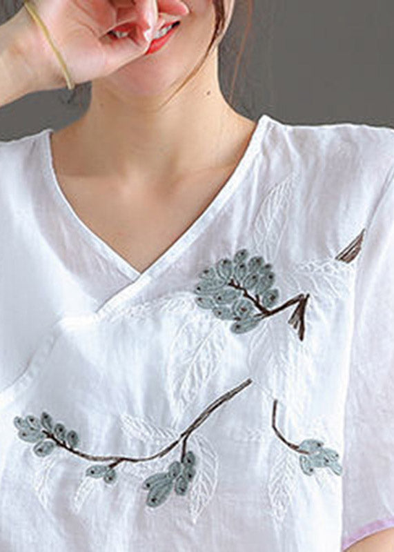 Fine White V Neck Embroidered Linen Top Short Sleeve