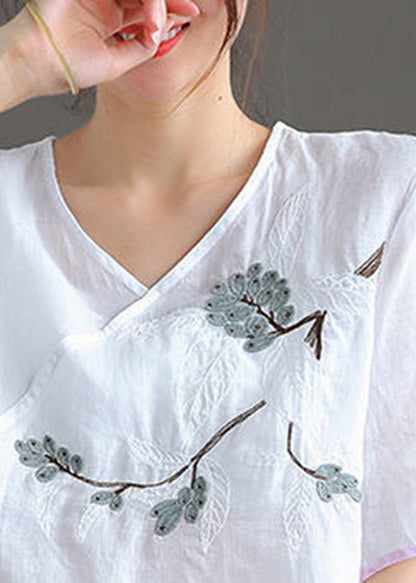 Fine White V Neck Embroidered Linen Top Short Sleeve