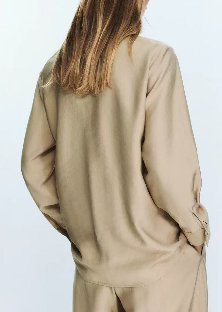 New Khaki Peter Pan Collar Tops and Pants Cotton Two Pieces Set Fall