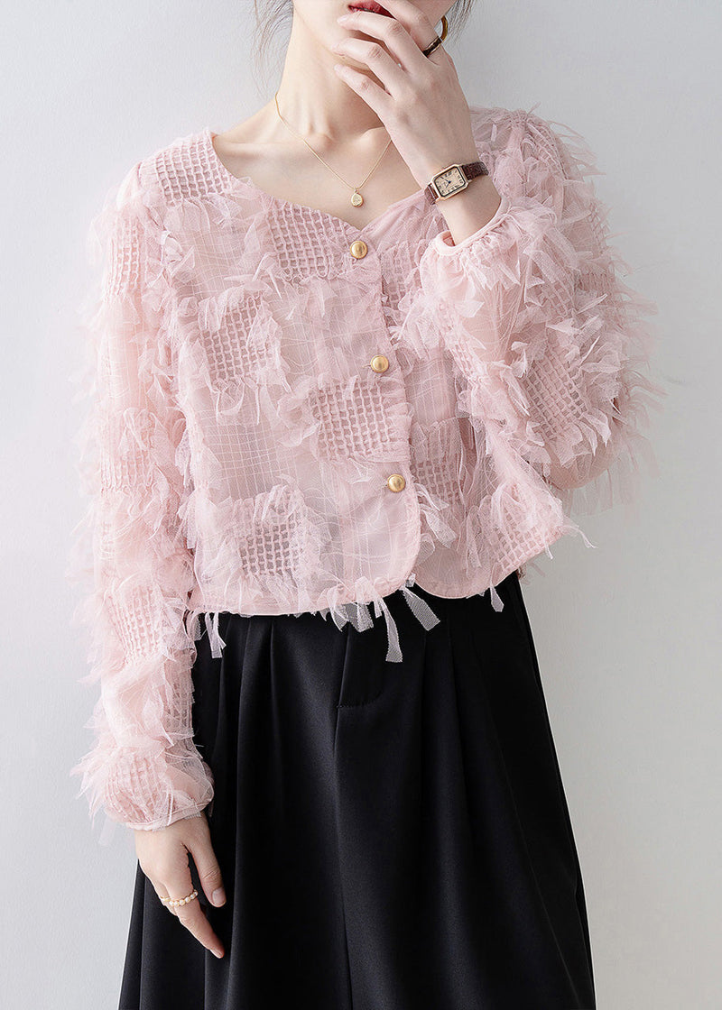 Pink Square Collar Tassel Patchwork Tulle Top Spring