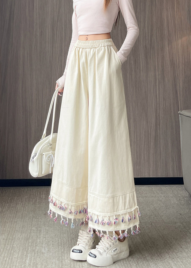 White Tasseled Patchwork Cotton Crop Pants Fall