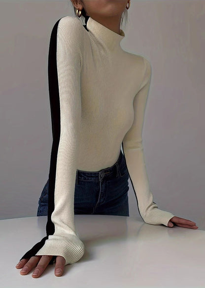 Fitted Black Hign Neck Patchwork Knit Sweaters Top Spring