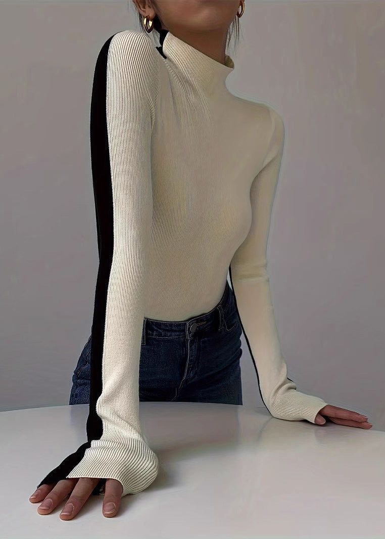 Fitted Black Hign Neck Patchwork Knit Sweaters Top Spring