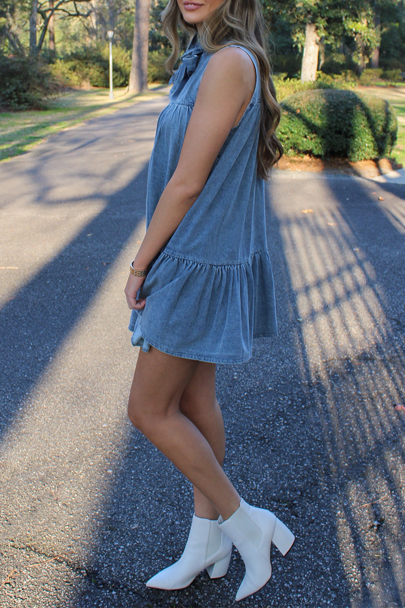 Street Color Lace Up Ruffle Bow Decor Sleeveless Loose Denim Dresses
