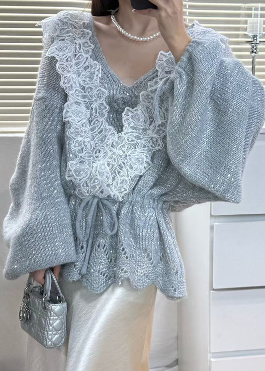Italian Grey Cinched Patchwork Knit Sets 2 Pieces Fall