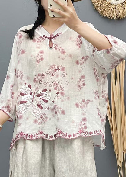 Beige Stand Collar Embroidered Linen Shirt Top Summer