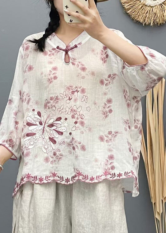 Beige Stand Collar Embroidered Linen Shirt Top Summer