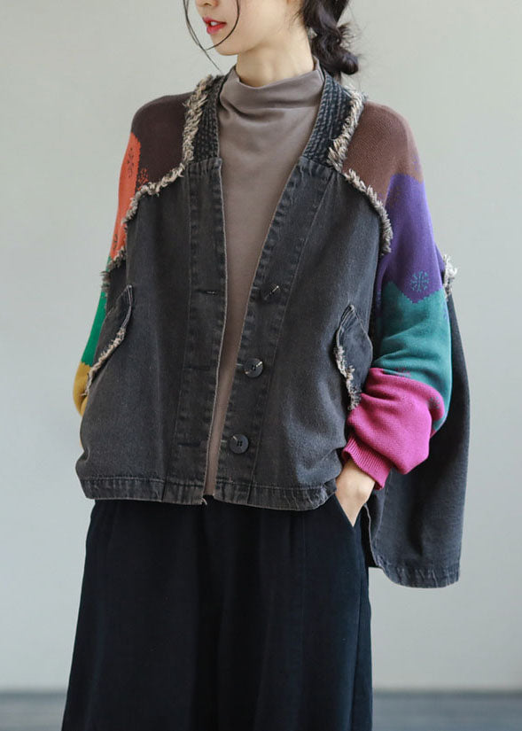 Fitted Black V Neck Pockets Patchwork Denim Coats Spring
