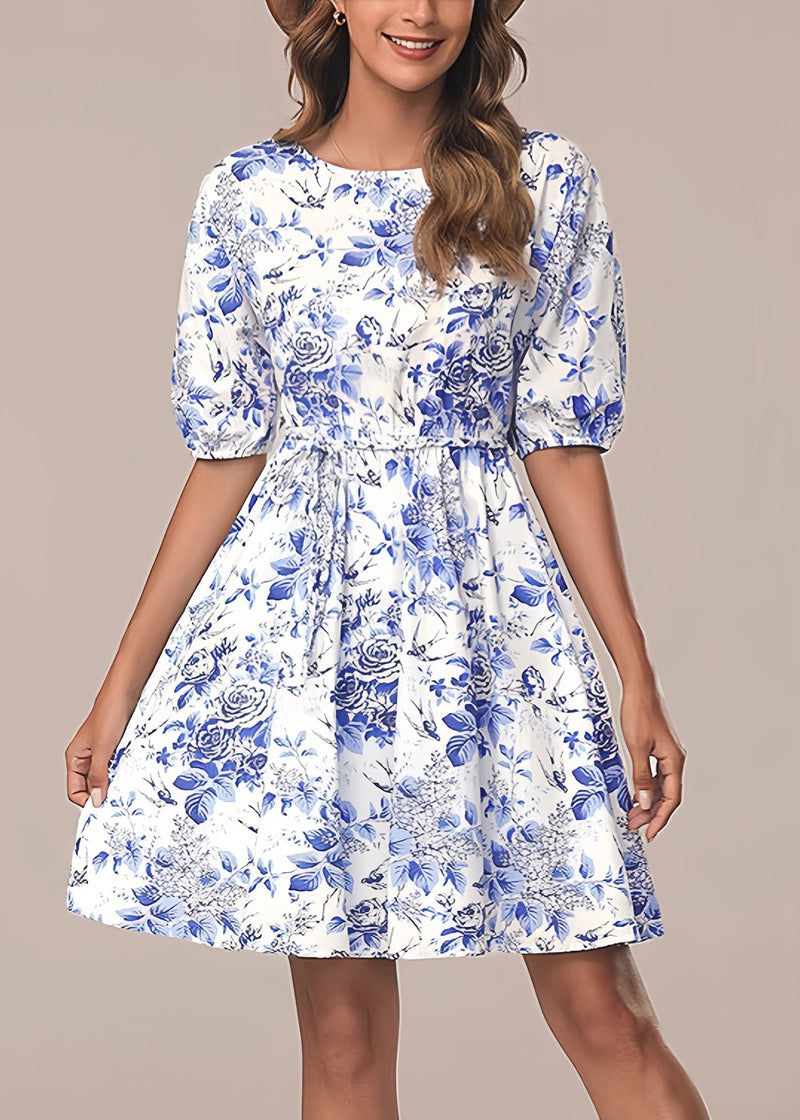 Italian Blue O Neck Print Tie Waist Cotton Mid Dress Summer