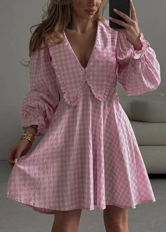 French Blue Plaid Ruffled Cotton Day Dress Flare Sleeve