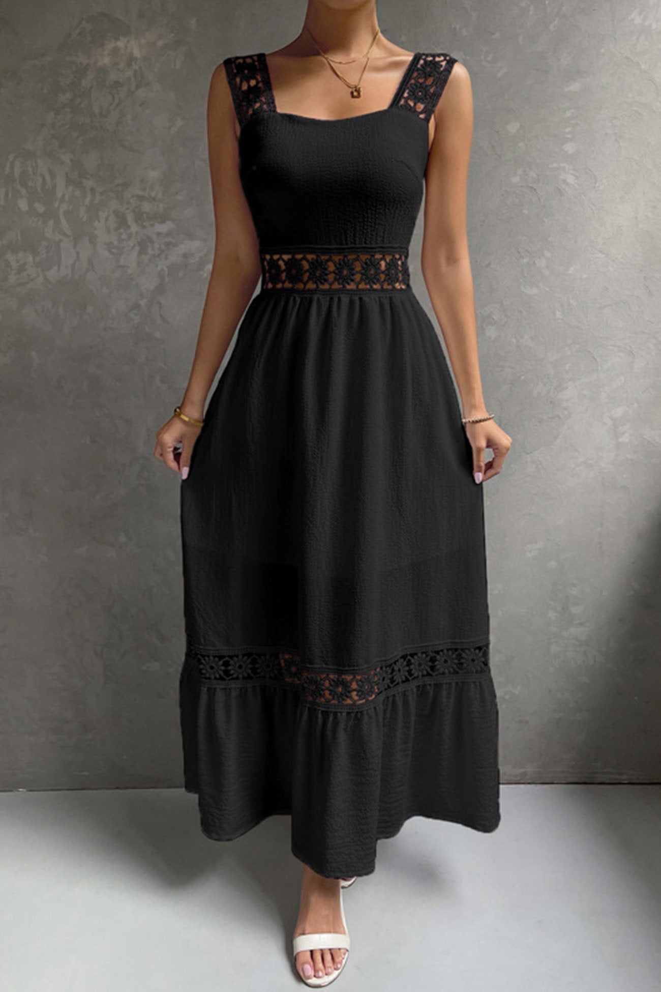 Jacquard Hollow Out Tiered Midi Dress