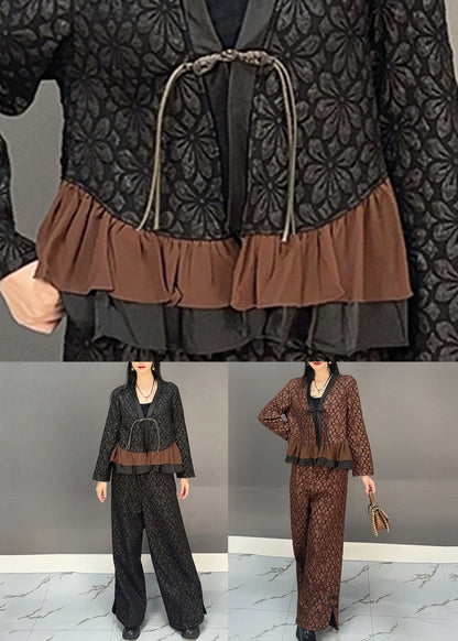 Chocolate Ruffled Patchwork Print Shirts and Wide Leg Pants Two Pieces Set Spring