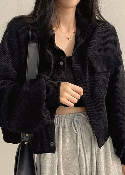 Coffee Peter Pan Collar Pockets Corduroy Short Coat Fall