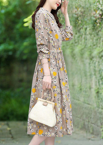Beige Print Cotton Long Dress Tie Waist Spring