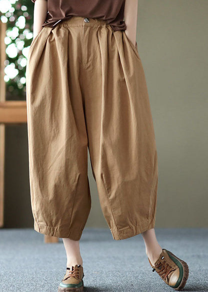 Khaki Pockets Patchwork Linen Crop Pants Wrinkled Summer