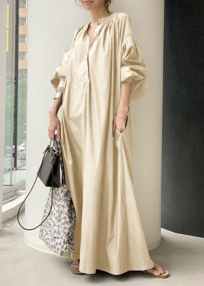 Apricot V Neck Oversized Long Dresses Lantern Sleeve