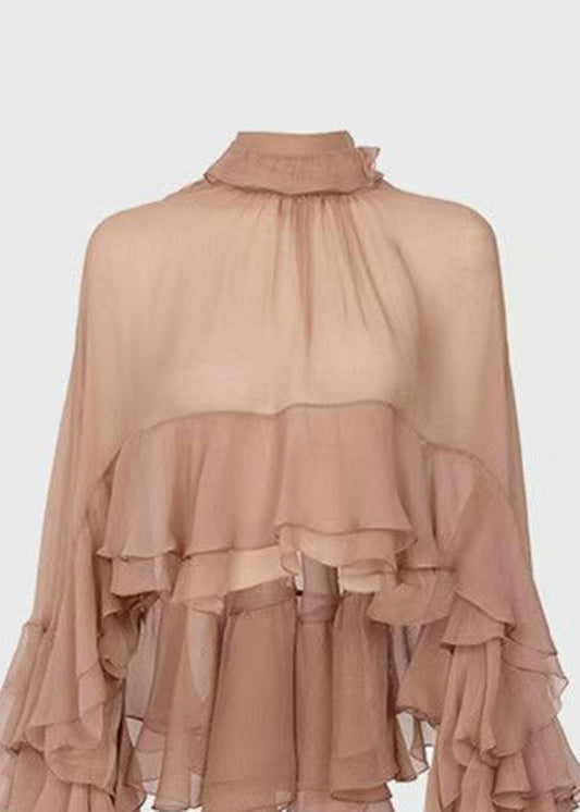 Stand Collar Ruffled Patchwork Chiffon Shirt Long Sleeve