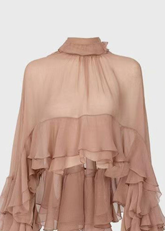 Stand Collar Ruffled Patchwork Chiffon Shirt Long Sleeve