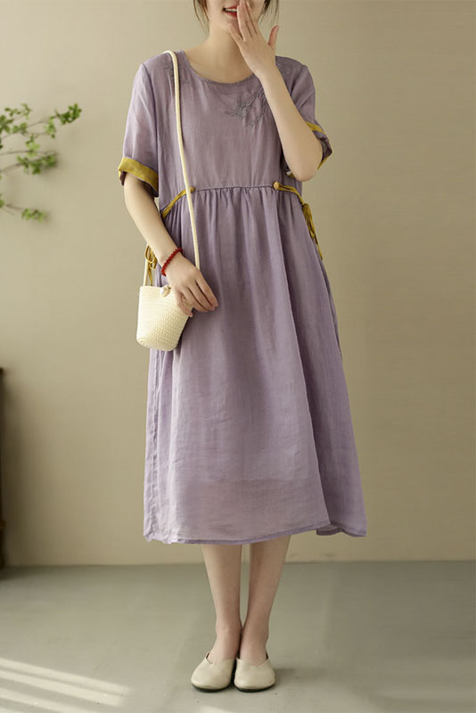 Summer Yellow Linen Embroidered Dress Short Sleeve Loose Dress