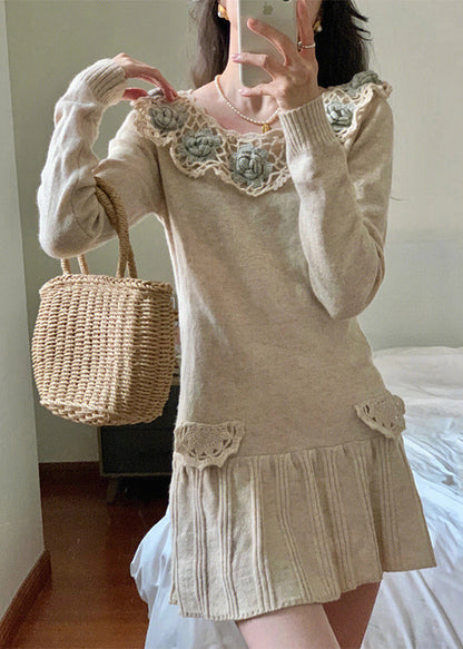 Apricot Hollow Out Patchwork Knit Mid Dress Winter