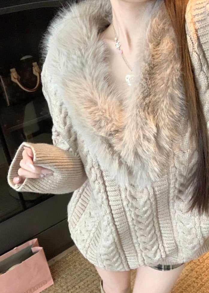 Khaki V Neck Fluffy Patchwork Cable Knit Sweaters Winter