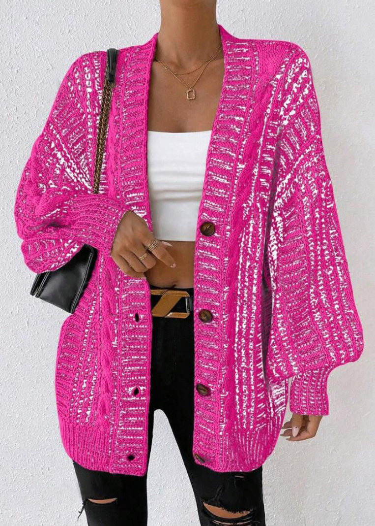 Black V Neck Button Loose Knit Cardigan Fall