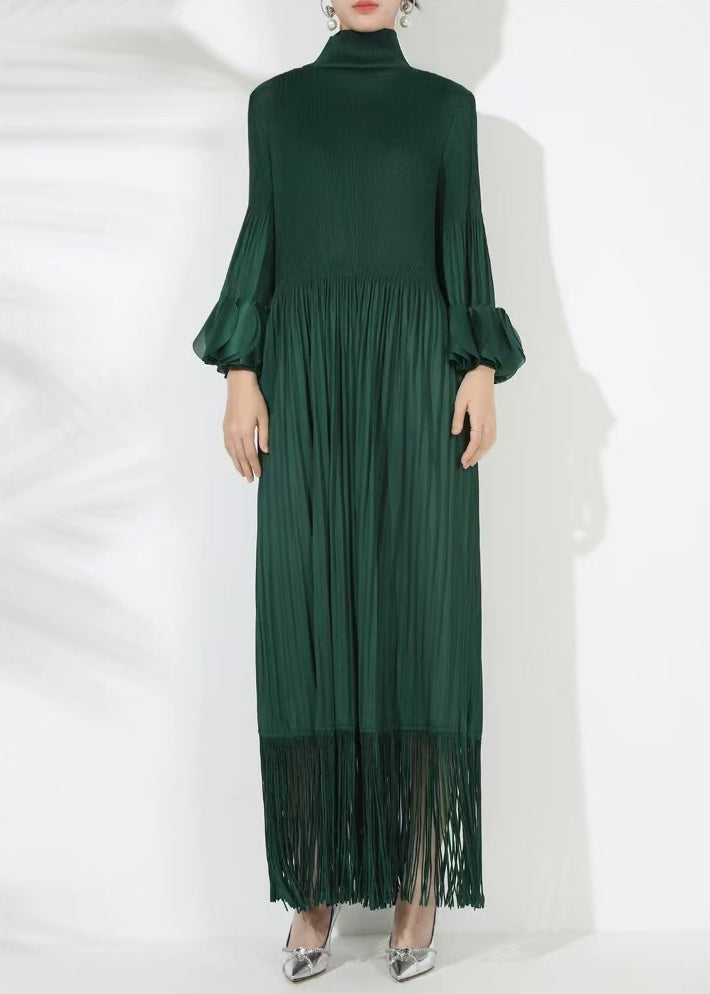 Loose Blackish Green Wrinkled Cotton Long Dress Petal Sleeve