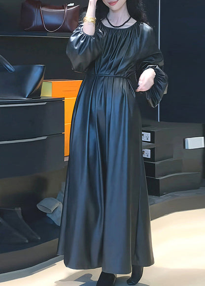 Black Cinched Tie Waist Pu Maxi Dresses Spring